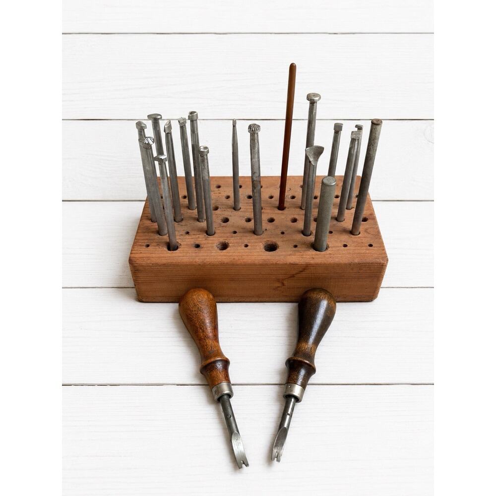 Vintage Leather Working Tool Set Craftool USA Stamps Tack Pullers Wood Stand